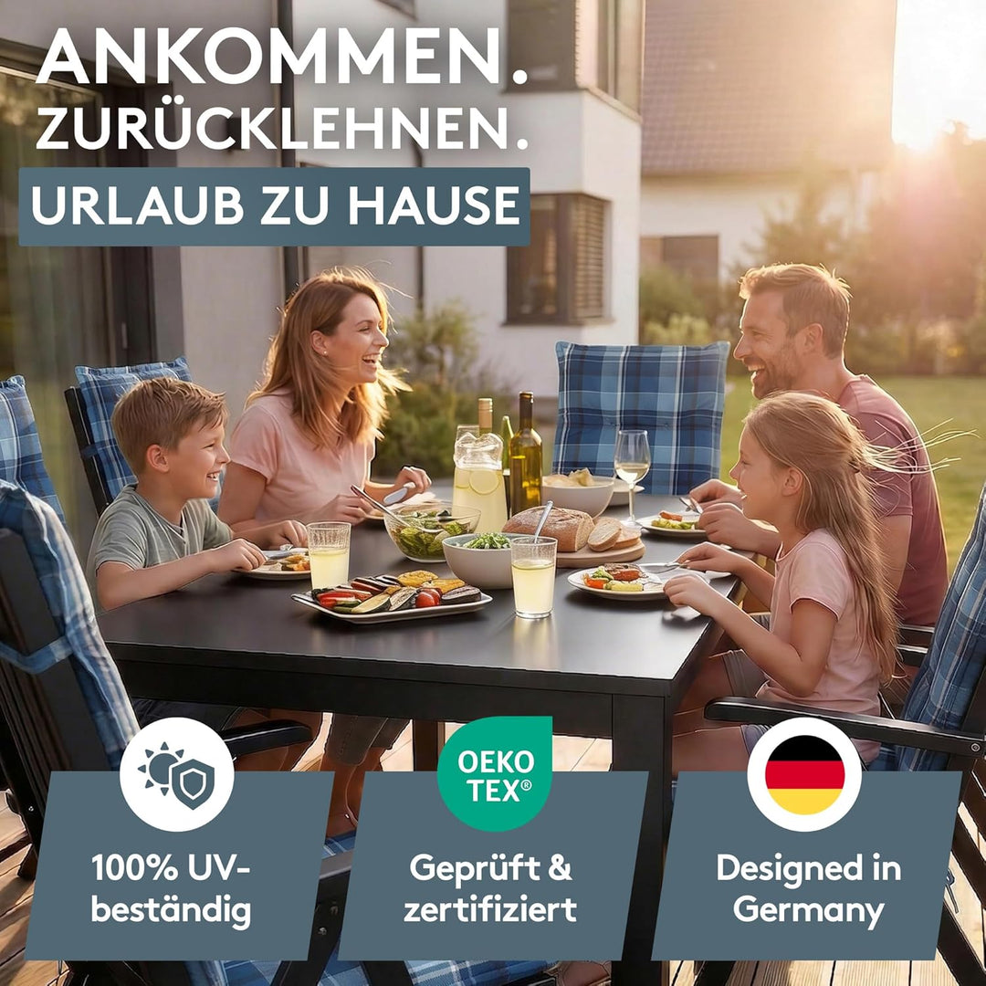 LILENO HOME Gartenstuhl Auflagen als [1er Set - Hochlehner] in Karo Blau - Bequeme Liegen als Sitzau