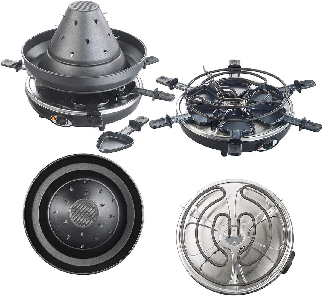 Rosenstein & Söhne Tartarenhut: Elektrischer 3in1-Tatarenhut- & Raclette-Grill mit Fondue-Rinne, für