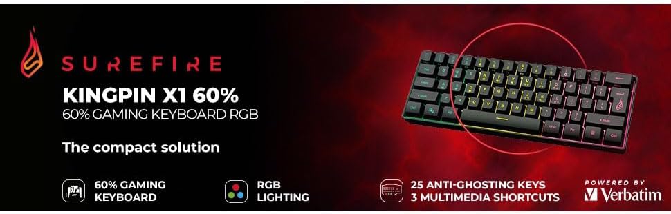 SureFire Kingpin X1 60% Gaming Tastatur US English, Gaming Multimedia Keyboard klein & mobil, RGB-Ta