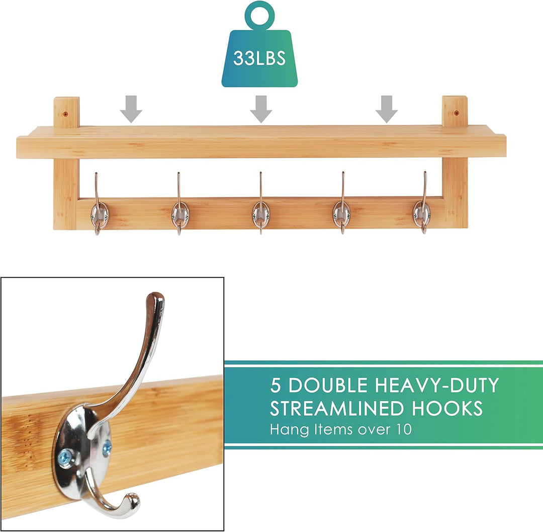 SMIBUY Kleiderhaken mit Regal Wandmontage, 74 cm Eingangsbereich Garderobe für Wand, Bambus-Hängereg