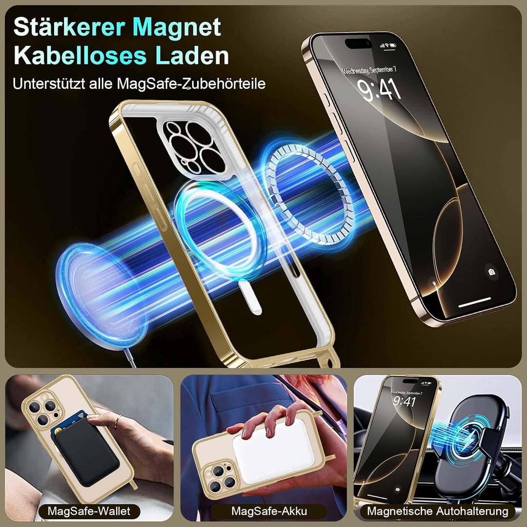 Handyband für iPhone 16 Pro Hülle mit Band + 2 Stück Glas Schutzfolie Transparent Silikon Handyhülle