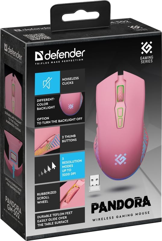 Defender® Pandora Kabellose Gaming Maus - Geräuschlose Klicks - 5 programmierbare Tasten - RGB-Beleu