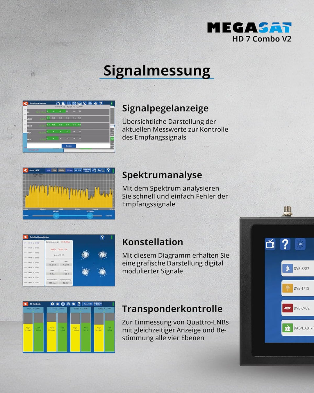 Megasat HD 7 Combo V2 – Messgerät (für DVB-S, DVB-S2, DVB-T, DVB-T2, DVB-C, DAB+, Live-TV Bild, Unic