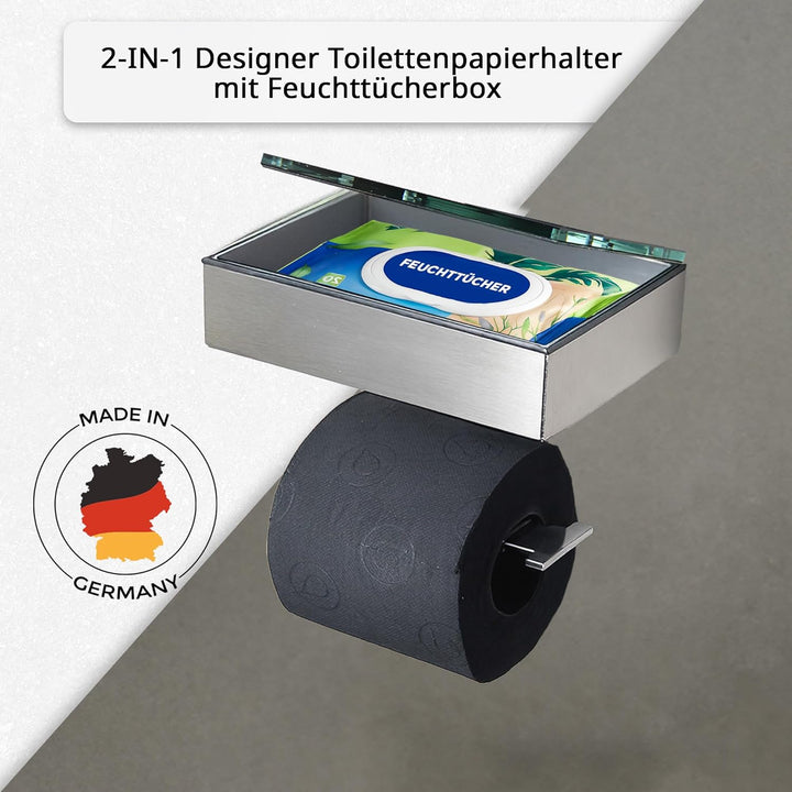 Toilettenpapierhalter mit Feuchttücherbox - Gehäuse Matt & Abdeckung Glas Weiss - befüllbar von Rech
