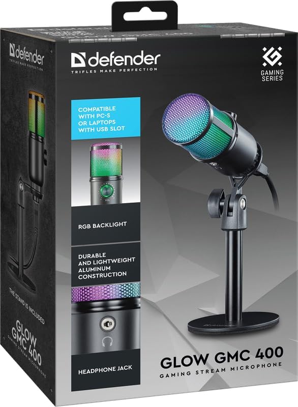 Defender Gaming Mikrofon PC RGB mit Ständer, Streaming Podcast Studio, USB Microphone für PC, Mit 3,