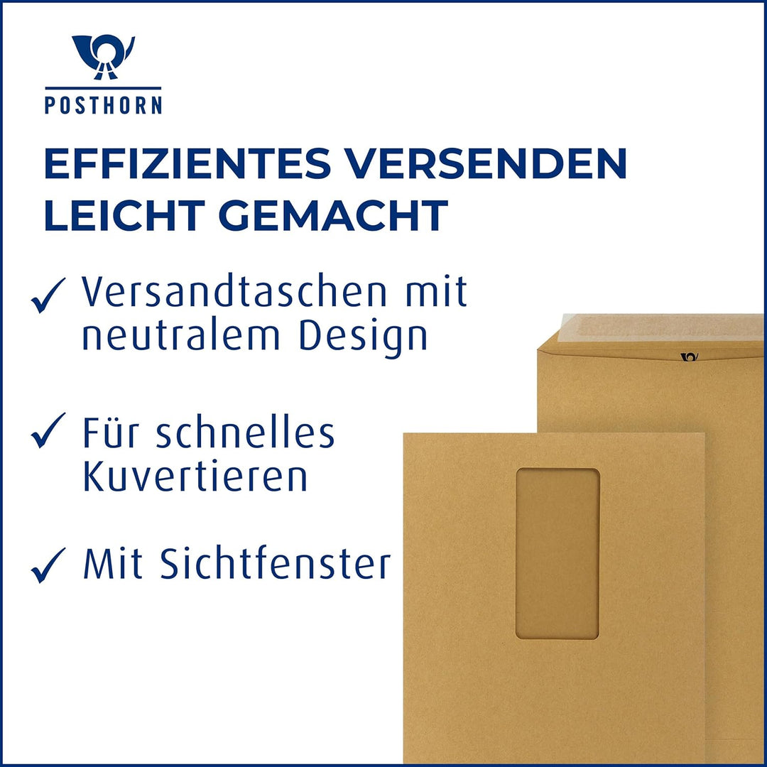 POSTHORN Versandtasche C5 (500 Stück), haftklebende Versandtaschen mit Fenster, braune Versandtasche