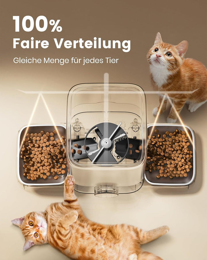 oneisall 5L Futterautomat Katzen 2 Näpfe, Katzenfutter Automat Kabellos mit 304 Edelstahlnapf, 1-6 M