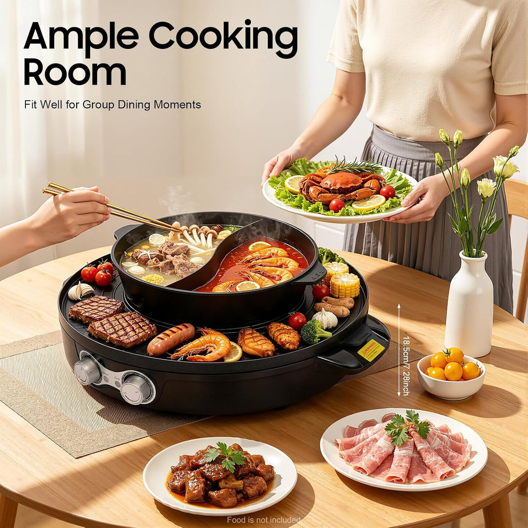 Elektrischer Hot Pot 2200W Grill+Kochtopf für Fondue &amp; BBQ 44cm, Suppentopf | 2200W, Antihaftbeschic