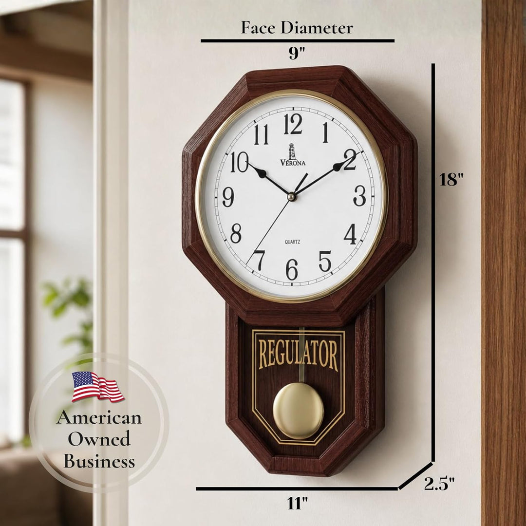 Verona Uhren Holz Pendel Wanduhr – dekorative Wanduhr mit Schwingendes Pendel – 45,7 x 28,6 cm – Qua