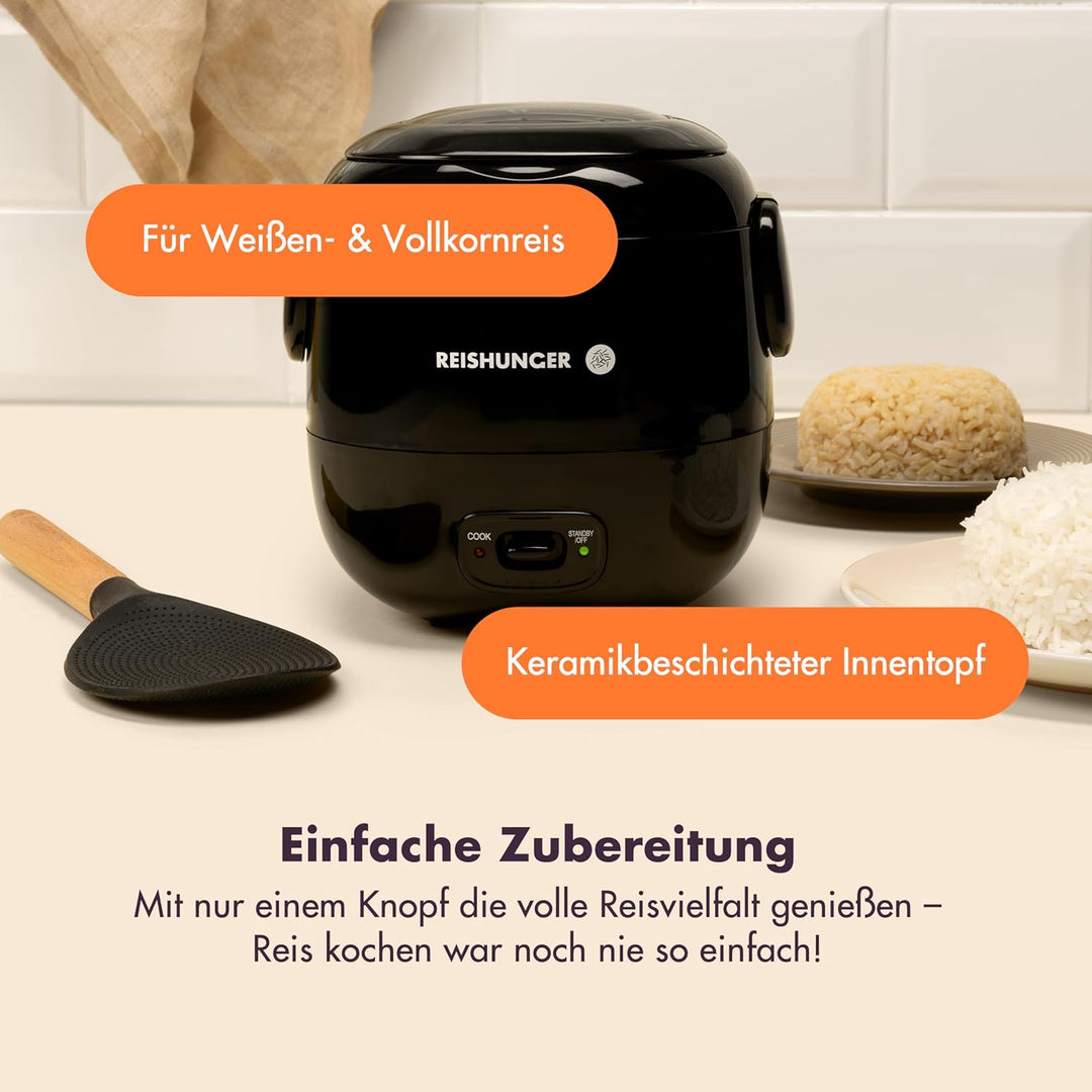 REISHUNGER Mini Reiskocher, schwarz | 0,3 L - 1-2 Portionen | hochwertige Keramikbeschichtung - Prem