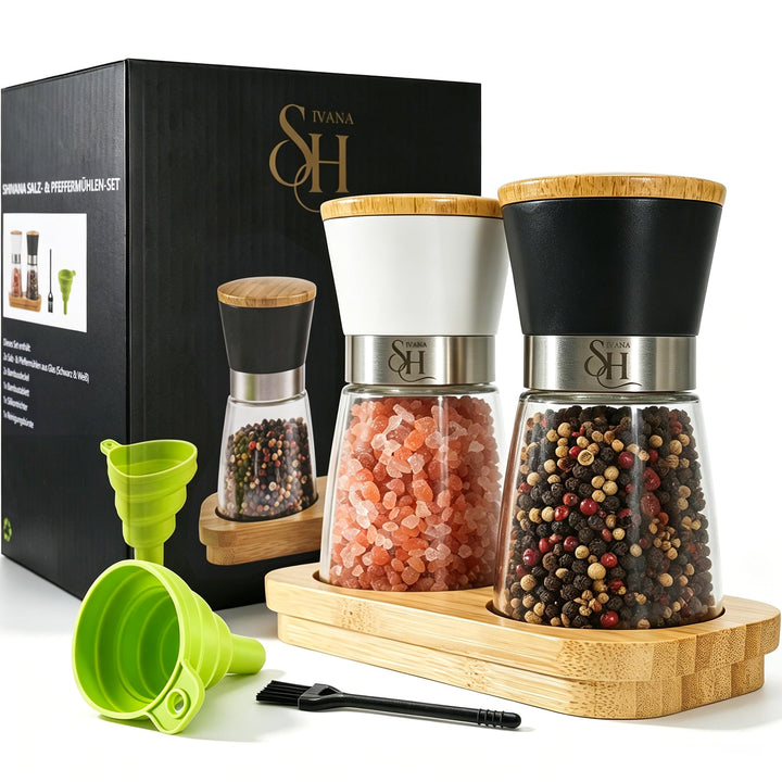 SHIVANA Salz und Pfeffermühle Set aus Glas &amp; Bambus – 2er Gewürzmühlen Set mit Keramikmahlwerk – Man