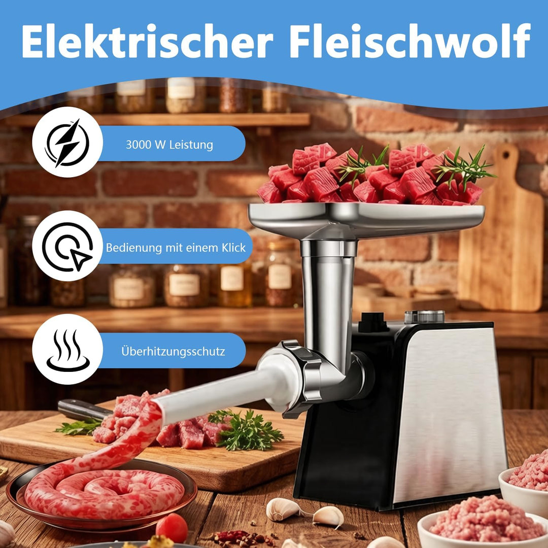 Edelstahl Elektrischer Fleischwolf, 3 in 1 Multi Fleischwolf mit 3 Schleifplatten, 2 Schneidemesser,