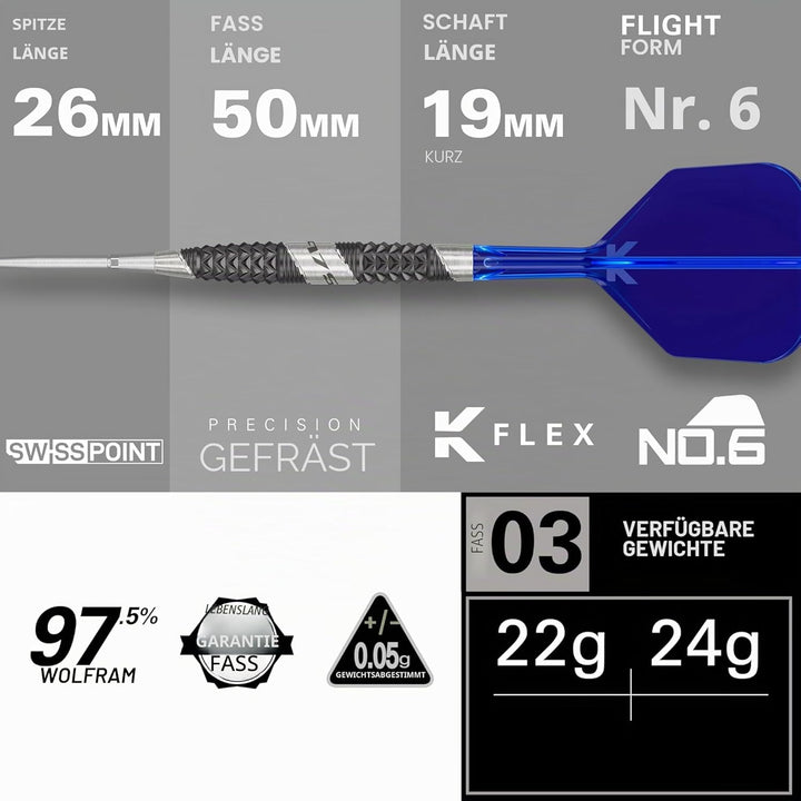 Target Darts 975 Ultra Marine 97.5% Wolfram Swiss Point Stahlspitze Dart Satz with K-Flex 24G Barrel