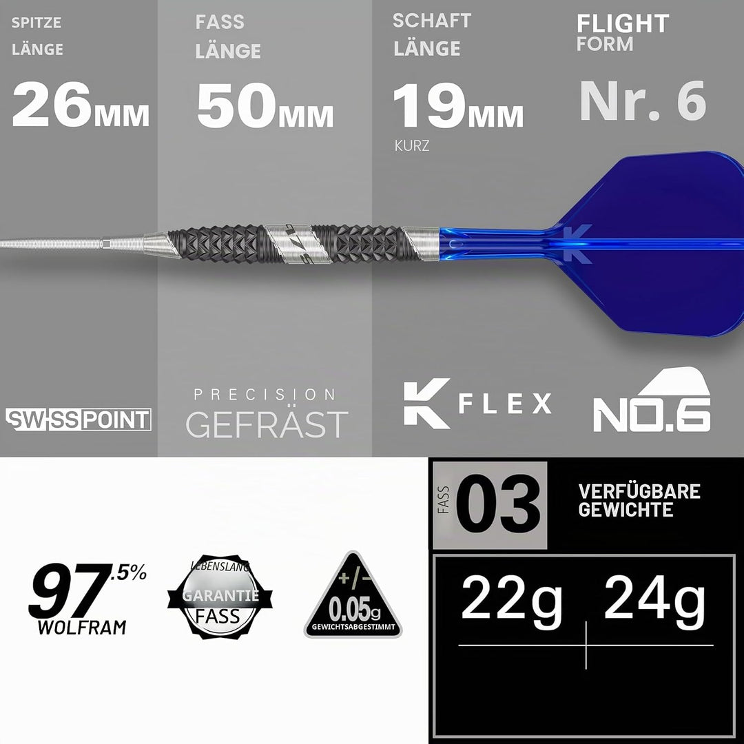 Target Darts 975 Ultra Marine 97.5% Wolfram Swiss Point Stahlspitze Dart Satz with K-Flex 24G Barrel