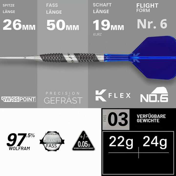 Target Darts 975 Ultra Marine 97.5% Wolfram Swiss Point Stahlspitze Dart Satz with K-Flex 24G Barrel