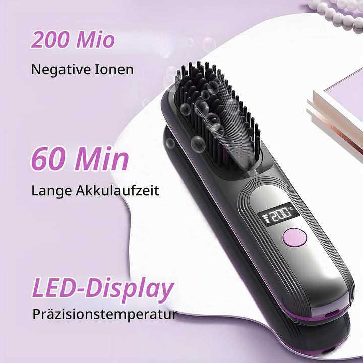 Kabellose Glättbürste, 3D Tragbare Mini-Haarglätterbürste, 140-200℃ 4 Temperatureinstellungen, Negat
