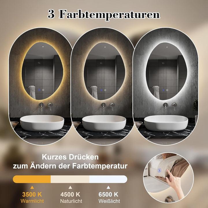 Badspiegel mit Beleuchtung, Badezimmerspiegel Asymmetrisch 43 x 60 cm, LED Spiegel Bad, mit 3 Lichtf