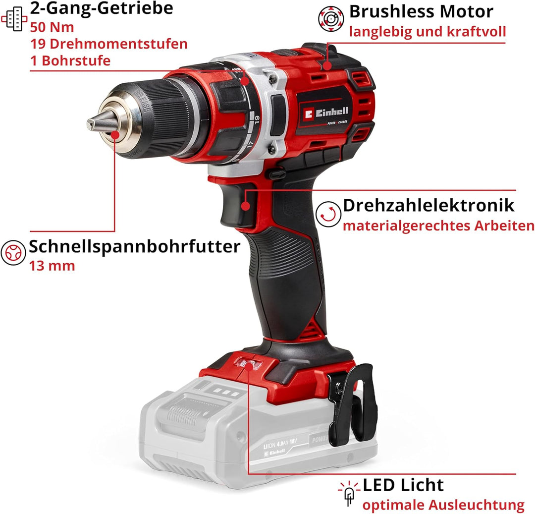 Einhell 4513887 Akku-Bohrschrauber TE-CD 18/50 Li BL-Solo PowerX-Change(Li-Ion,18V,50Nm,13mmBohrfutt