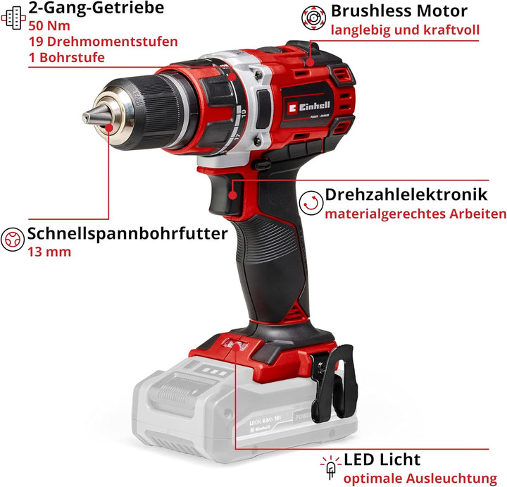 Einhell 4513887 Akku-Bohrschrauber TE-CD 18/50 Li BL-Solo PowerX-Change(Li-Ion,18V,50Nm,13mmBohrfutt