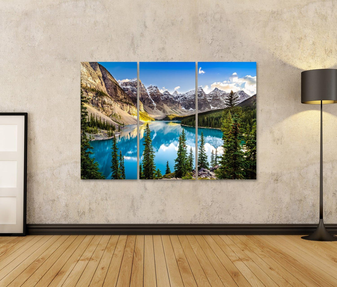 islandburner Bild auf Leinwand Landschaftssonnenuntergangansicht von Morain See und von Gebirgszug,