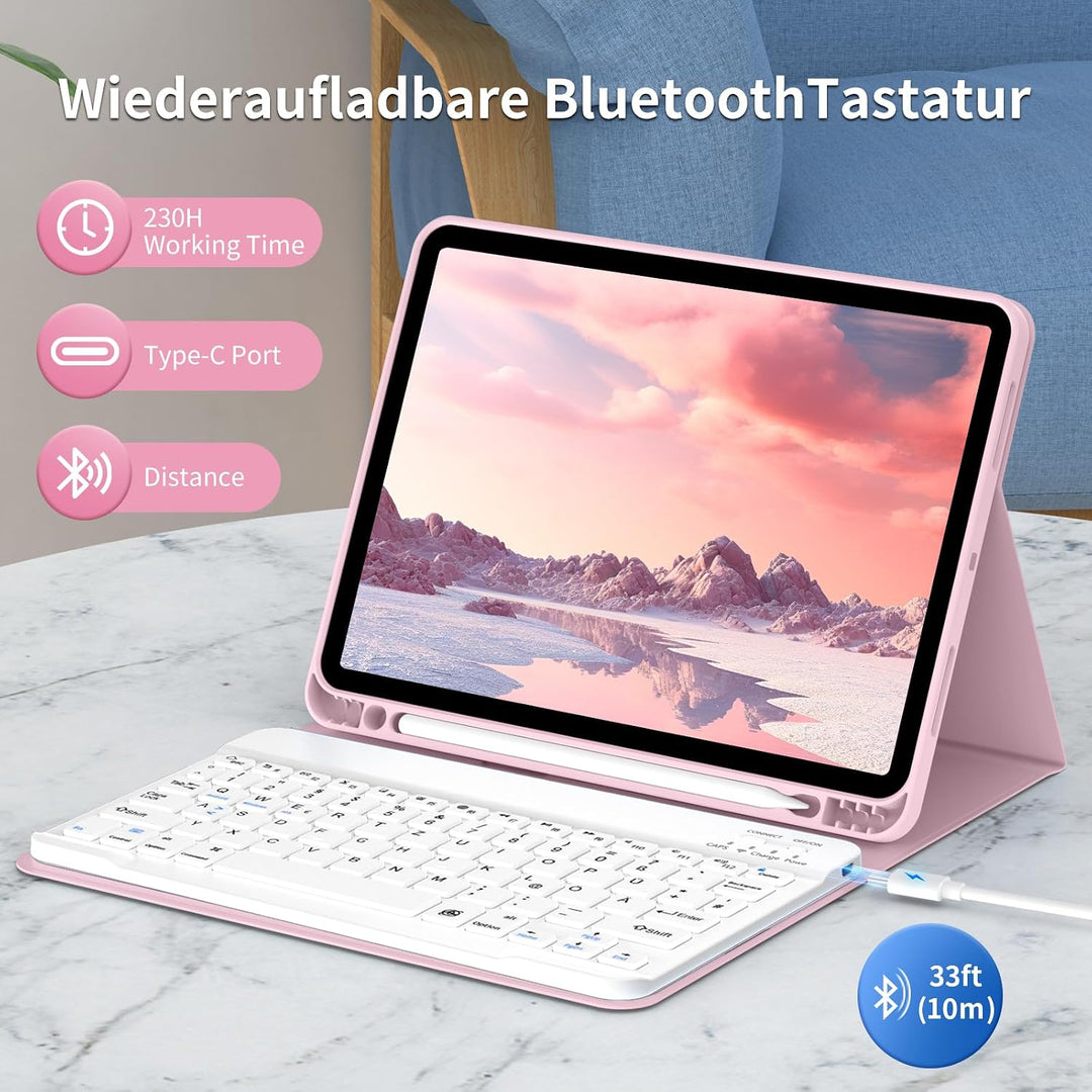 Tastatur Hülle für iPad (A16 /10.) 2025/2022 QWERTZ, Helles Rosa, Helles Rosa