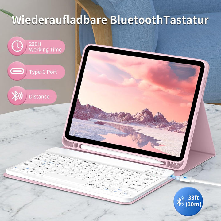 Tastatur Hülle für iPad (A16 /10.) 2025/2022 QWERTZ, Helles Rosa, Helles Rosa