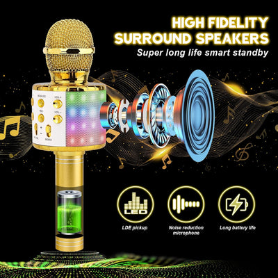 ShinePick Kabelloses Karaoke-Mikrofon, Bluetooth, tragbar, mit LED-Licht, Disco für Kinder/Erwachsen