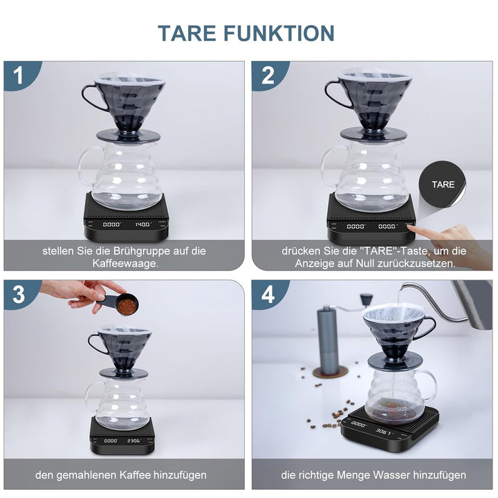 Kaffeewaage mit Timer, Espresso Waage 3kg/0.1g, Hochpräzise Feinwaage, type-C Wiederaufladbare Küche