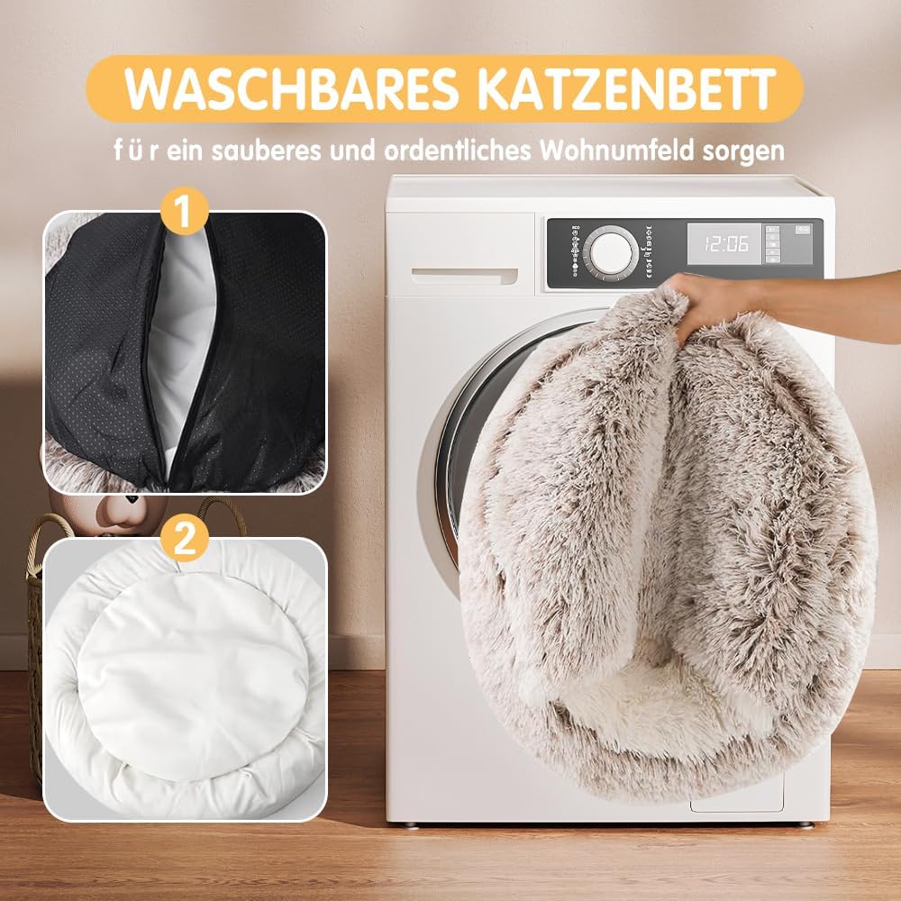 CUEMOON Flauschiges Katzenbett, rund, weiches Plüsch, Kleine Hunde und Katzen Haustierbett Waschbar
