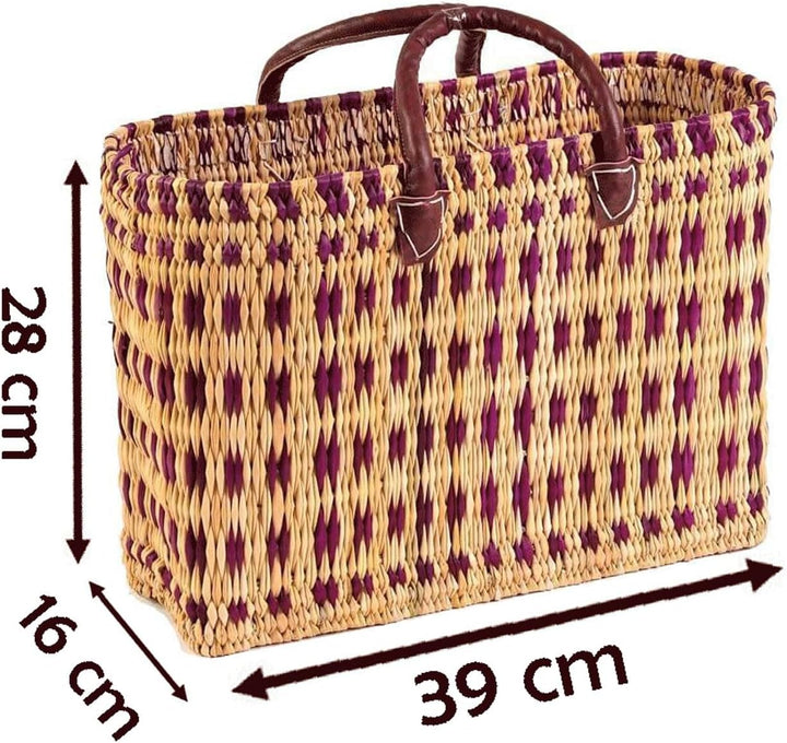 Simandra Seegras Korb, lila I Handgefertigte Korbtasche mit Trageriemen aus Leder I Abmessungen: 40x