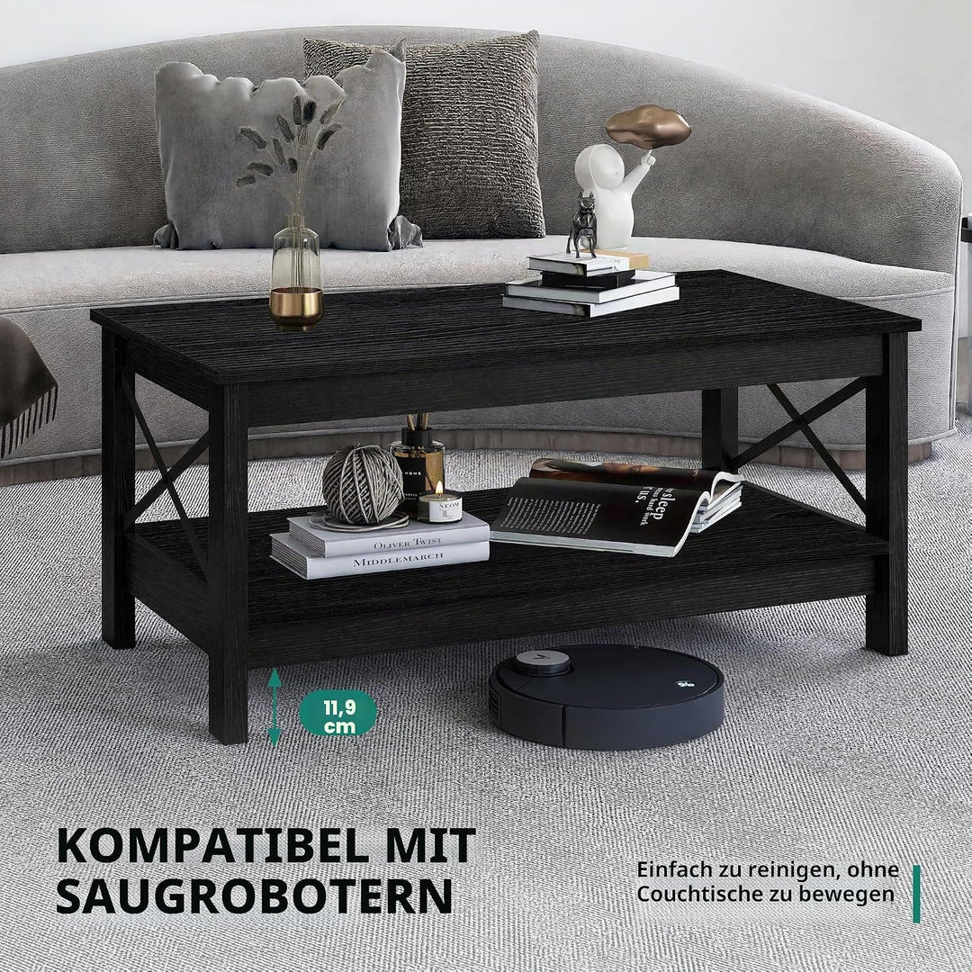 YITAHOME Couchtisch, Wohnzimmertisch, 2-stöckiger Dicker Holz Rechteckiger Couchtisch, X-Form Metal