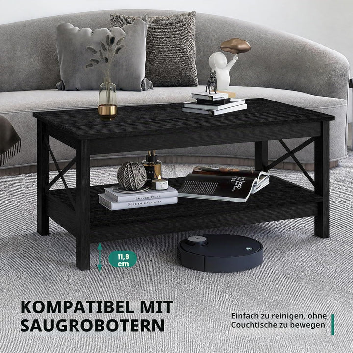 YITAHOME Couchtisch, Wohnzimmertisch, 2-stöckiger Dicker Holz Rechteckiger Couchtisch, X-Form Metal