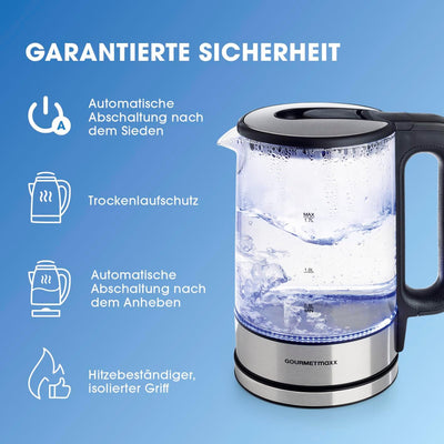 GOURMETmaxx Glas-Wasserkocher 1,7 Liter mit integrierter Beleuchtung | Leistungsstarker Boiler mit A