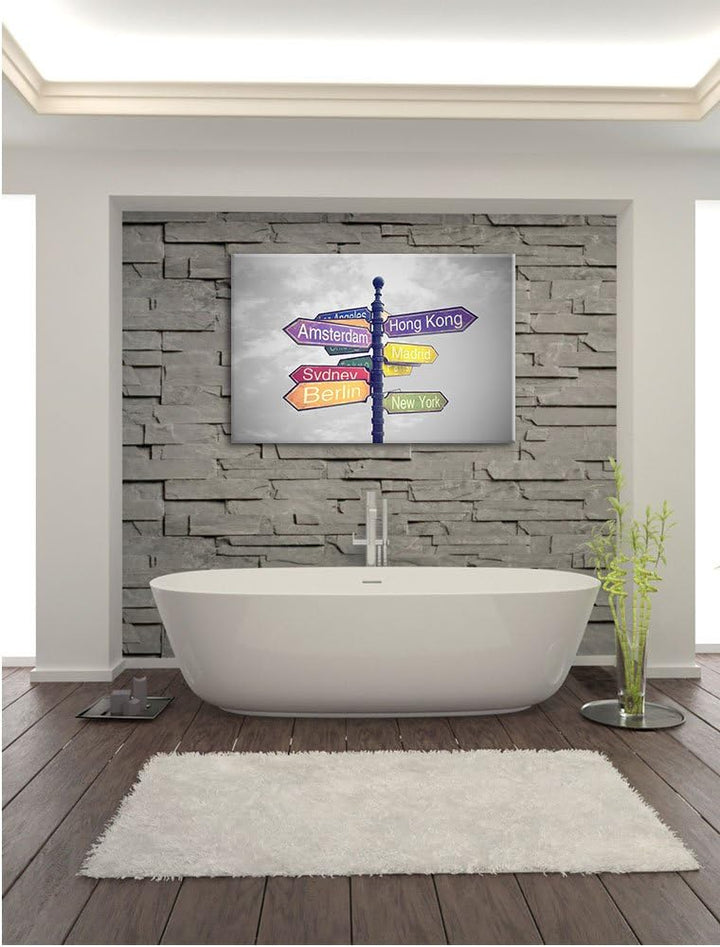 Pixxprint Städte Wegweiser als Leinwandbild/Grösse: 100x70 / Wandbild/Kunstdruck/fertig bespannt, 10