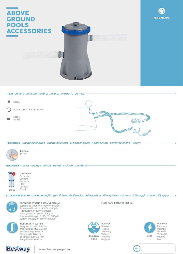 Bestway Flowclear Filterpumpe 3.028 l/h, aus Kunststoff, Grau 3.028 l/h Single, 3.028 l/h Single