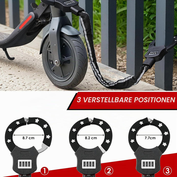 E Scooter Schloss mit Zahlencode, Zahlenschloss für E Scooter, 6mm-Kettenglied Handschellenschloss,