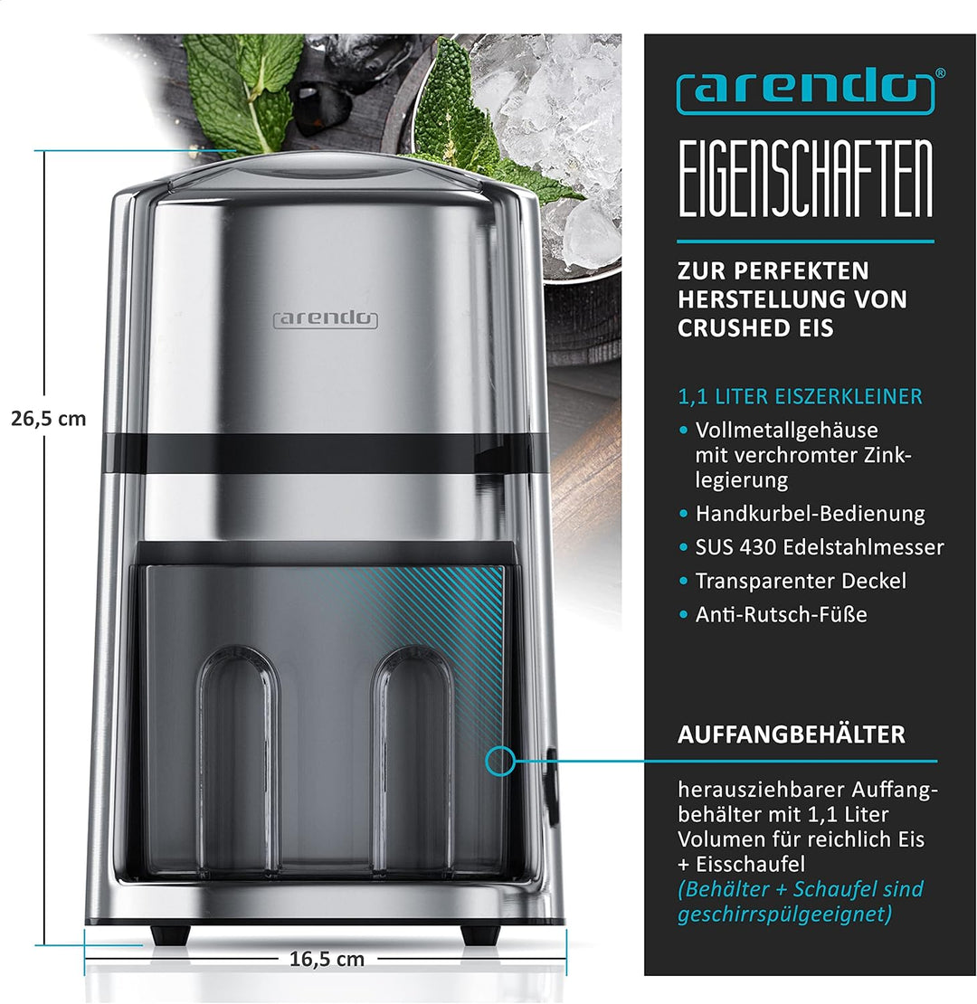 Arendo - Ice Crusher Edelstahl 1,1 L manuell – Eiszerkleinerer – Eiscrusher zum Kühlen und Frischhal