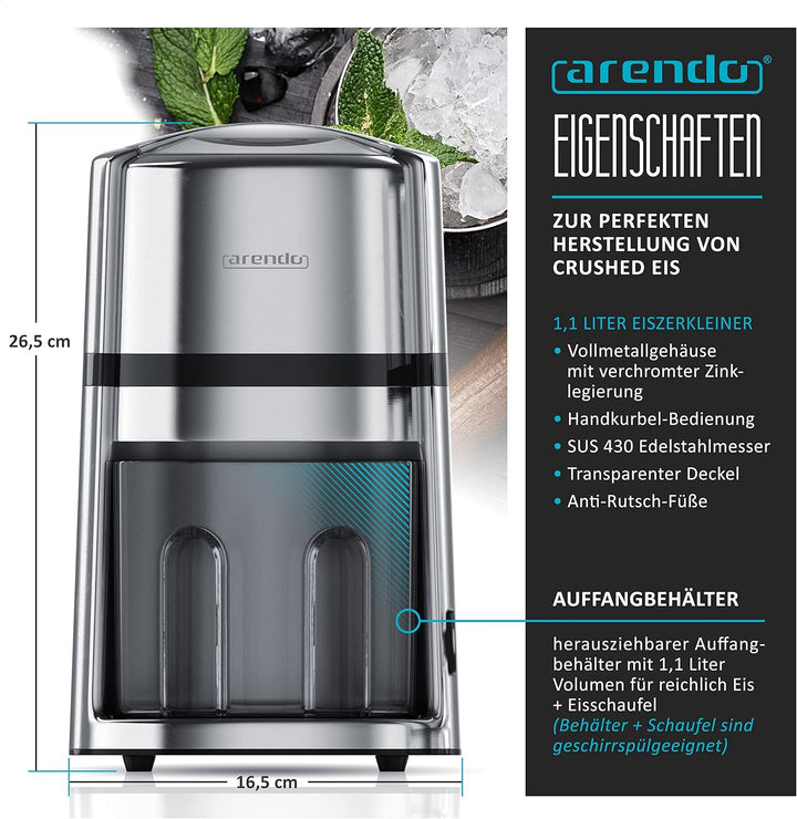Arendo - Ice Crusher Edelstahl 1,1 L manuell – Eiszerkleinerer – Eiscrusher zum Kühlen und Frischhal