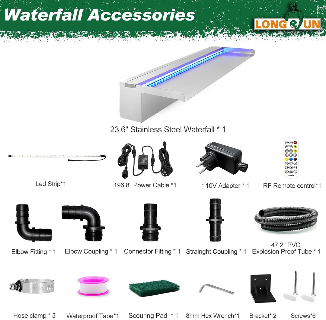 LONGRUN Edelstahl Wasserfall Überlauf, APP Kontrolle Multi-Farben LED-Licht Draussen Pool Brunnen, K