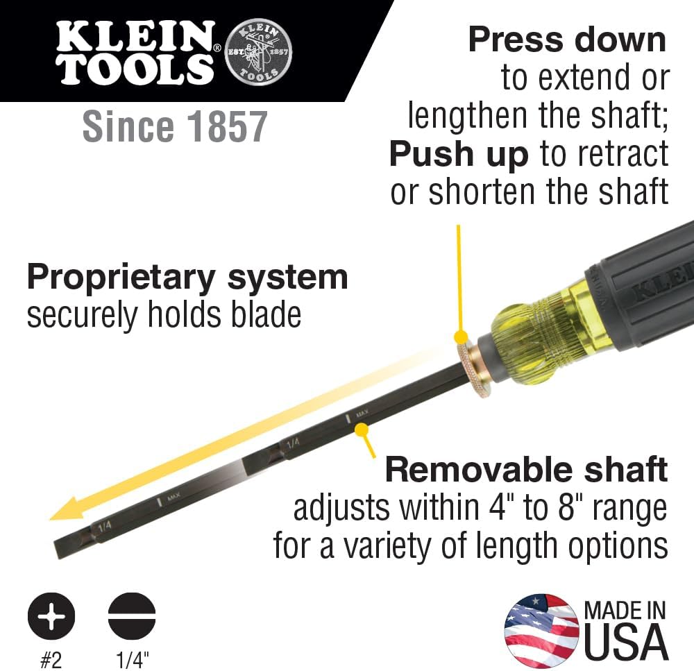 Klein Tools 32751 Schraubendreher mit verstellbarer Länge 4 bis 8 Zoll, 2 Kreuzschlitzspitze und 1/4