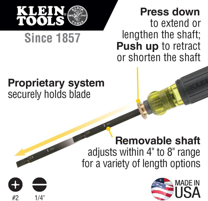Klein Tools 32751 Schraubendreher mit verstellbarer Länge 4 bis 8 Zoll, 2 Kreuzschlitzspitze und 1/4