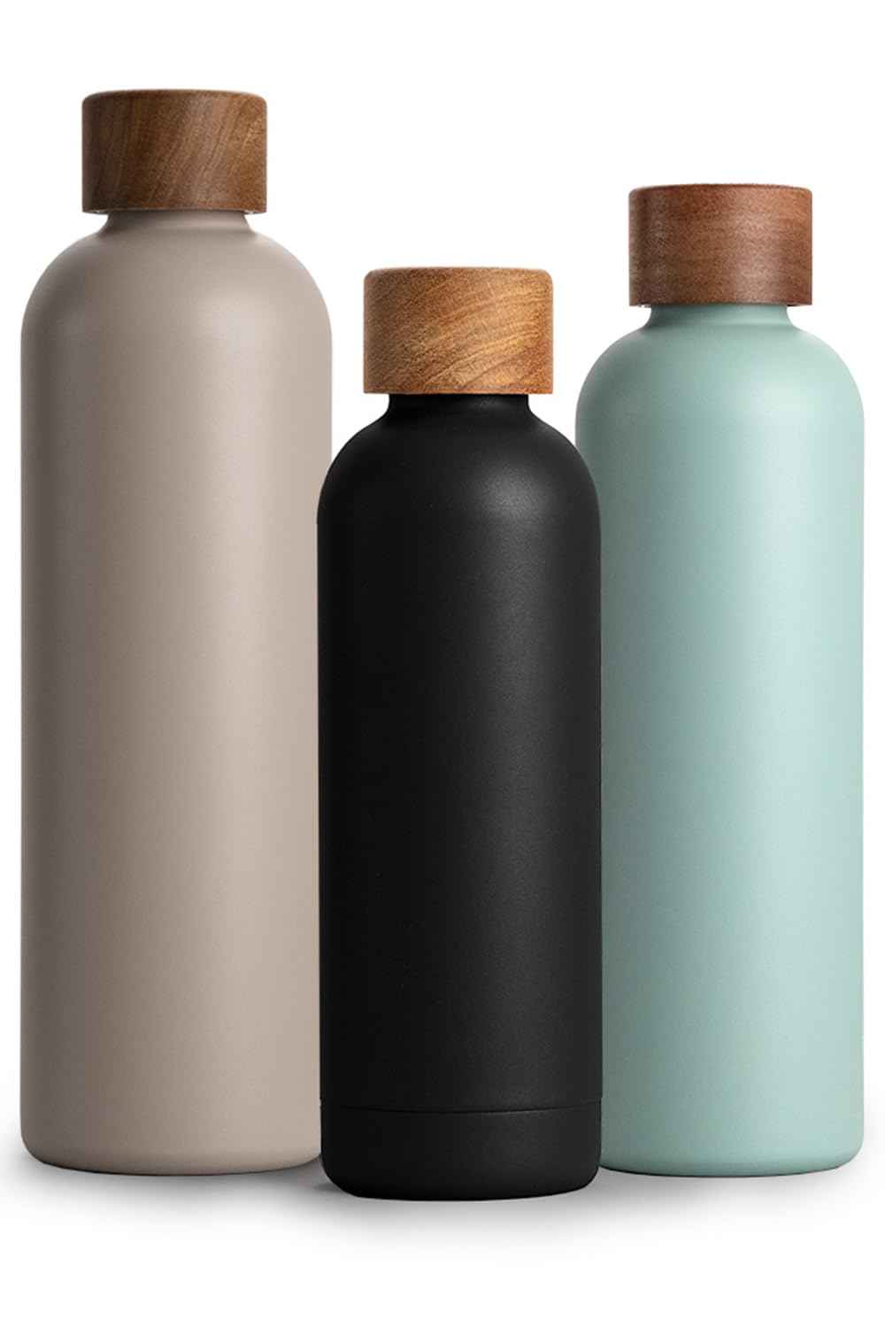 T&N Edelstahl Trinkflasche 500ml, Thermosflasche 0.5l mit Akazienholz Deckel, Isolierte Wasserflasch