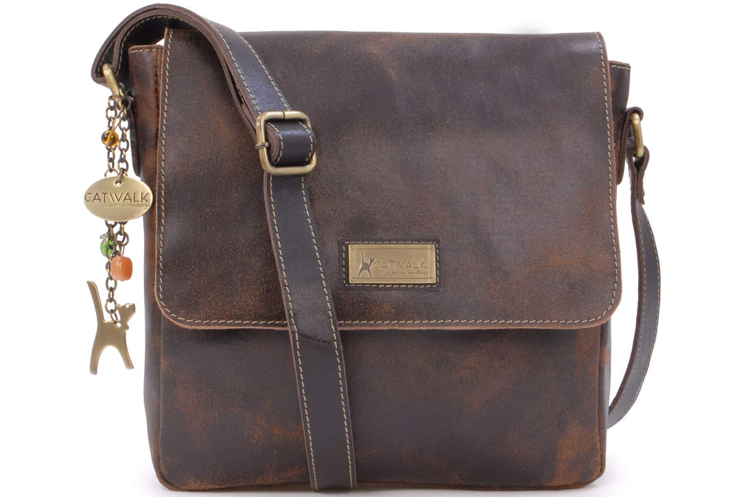 Catwalk Collection Handbags - Damen Antik-Leder Umhängetasche - Messenger Bag Mittelgross - Arbeitst