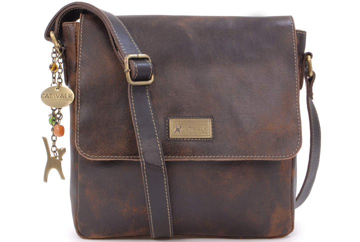 Catwalk Collection Handbags - Damen Antik-Leder Umhängetasche - Messenger Bag Mittelgross - Arbeitst