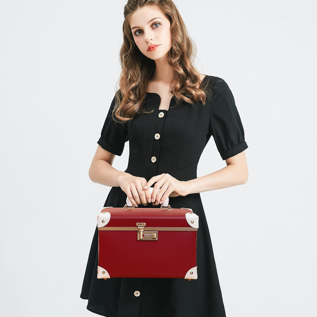 urecity Vintage Leder Kosmetikkoffer mit Spiegel - Hartschale Schminkkoffer für Damen, Reise Make-up