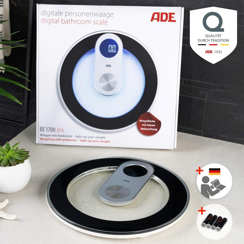 ADE Digitale Körperwaage aus Glas | hochpräzise Ergebnisse | stylische blaue LED-Beleuchtung | LED-D