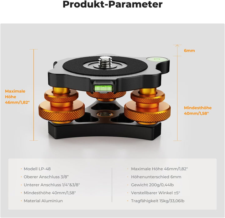K&F Concept Stativkopf Nivellierbasis, Aluminium Nivelliersockel, Nivellierbasis mit 3/8" Schraube,-