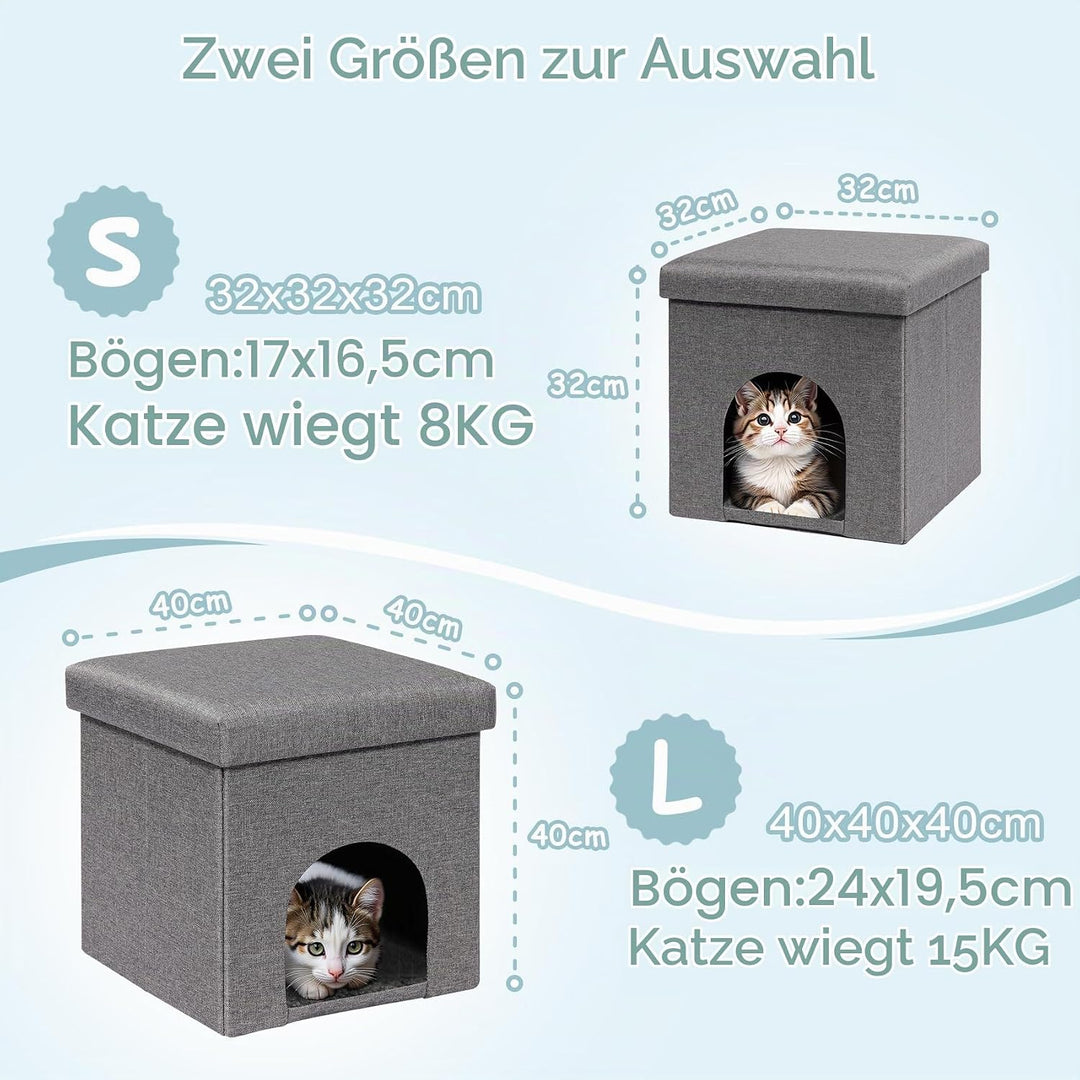PINPLUS Katzenhöhle mit Kissen, Faltbares Katzenhaus – Stabiler Würfel mit Abnehmbarem Deckel, Gemüt