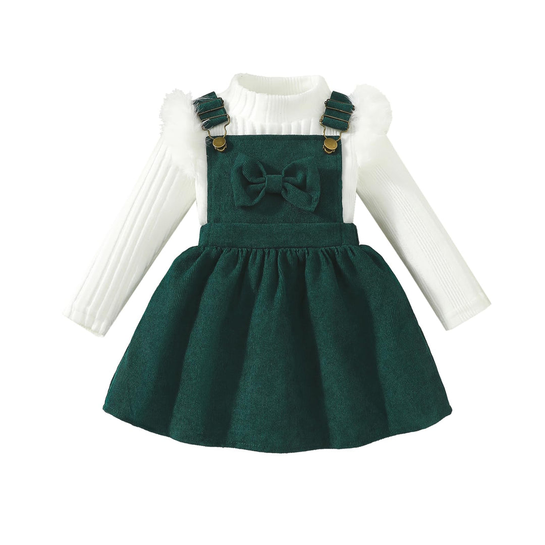 Kleinkind Baby Mädchen Kleidung Langarm Strick Rippenoberteile Schleife Cord Hosenträgerrock Kleid O