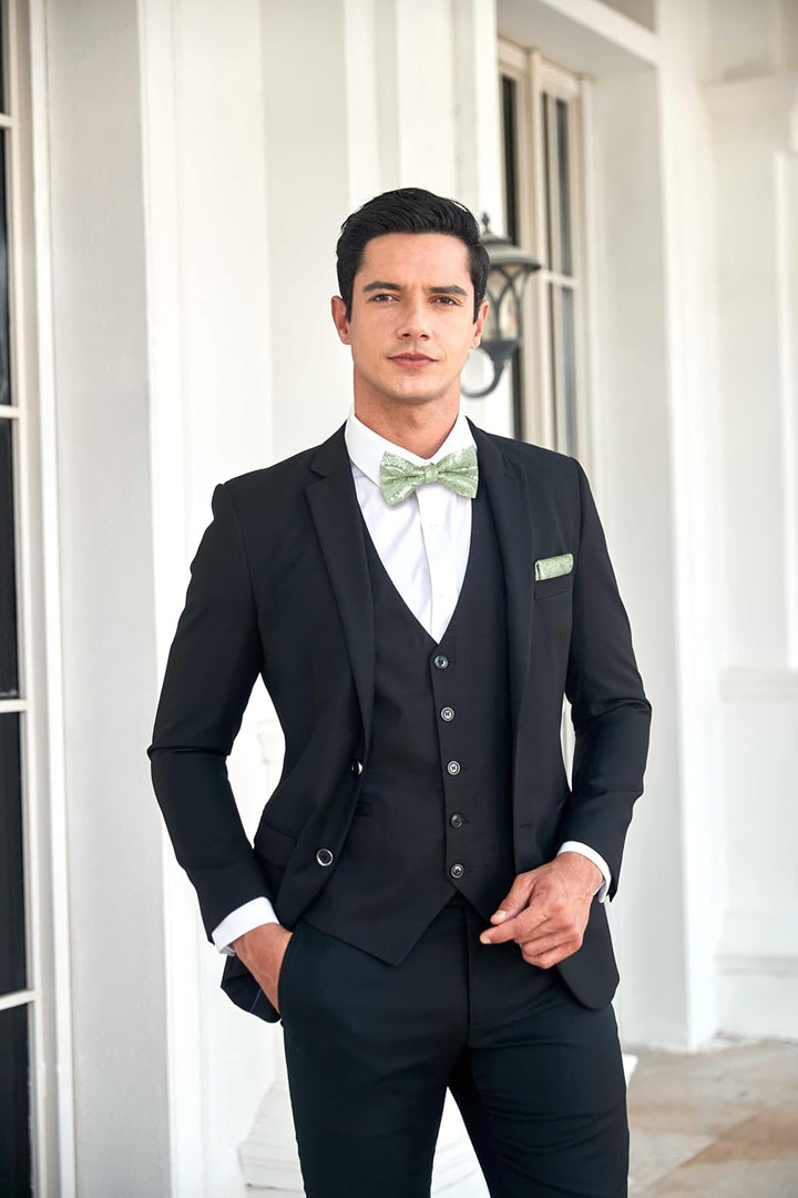 HISDERN Herren Paisley Fliege und Einstecktuch mit Manschettenknöpfe Set,Schleife mit Haken - Bereit